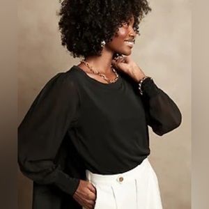 NWT Banana Republic Factory Sheer-Sleeve Crepe Top, Black, Size Large